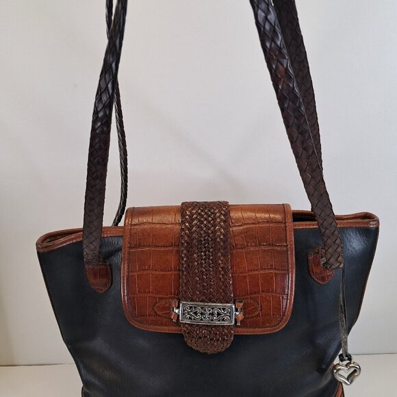 BRIGHTON Black Leather Brown Croc Emboss Braided Handle Shoulder Bag - Picture 2 of 15
